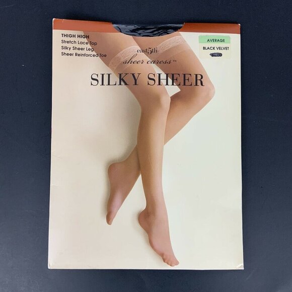JCPenney Silky Sheer Thigh High Stockings Average Size Black Velvet Lace Top - Picture 1 of 3